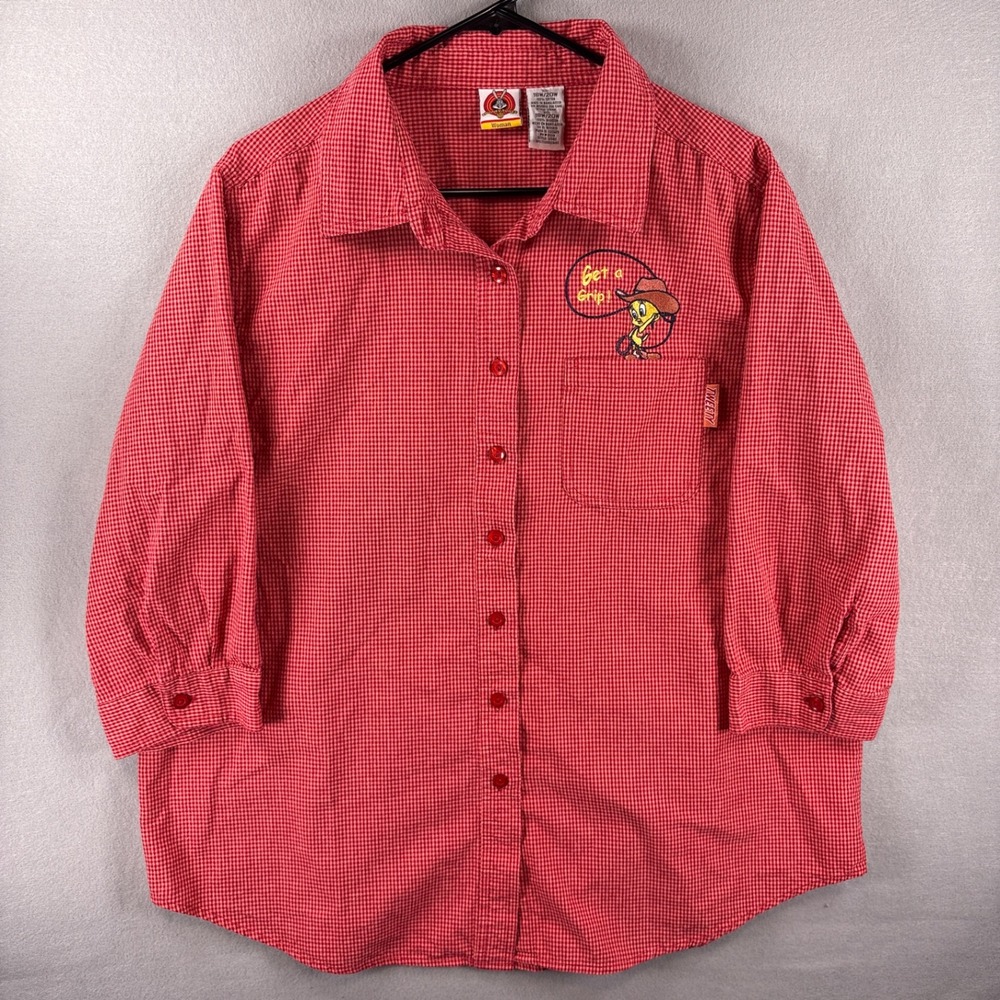 Vintage Looney Tunes Tweety Button Down Shirt Size 18W/20W Plaid Western Pocket